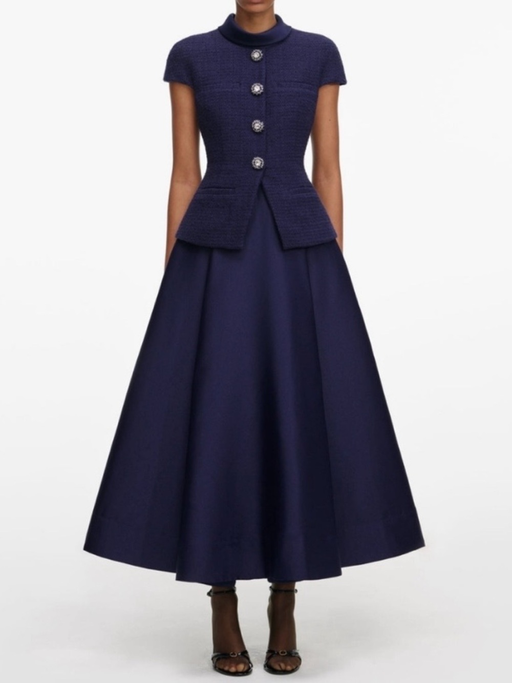 Self-Portrait Navy Boucle Taffeta Midi Dress